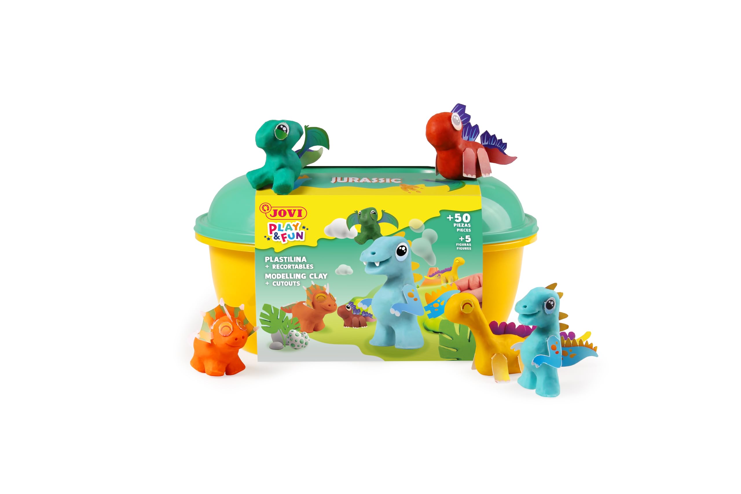 Jovi - Play&Fun JURASSIC - Kit de plastilina dinosaurios, 24 pastillas de 15 gr, 3 plantillas con recortables y 3 herramientas de modelado