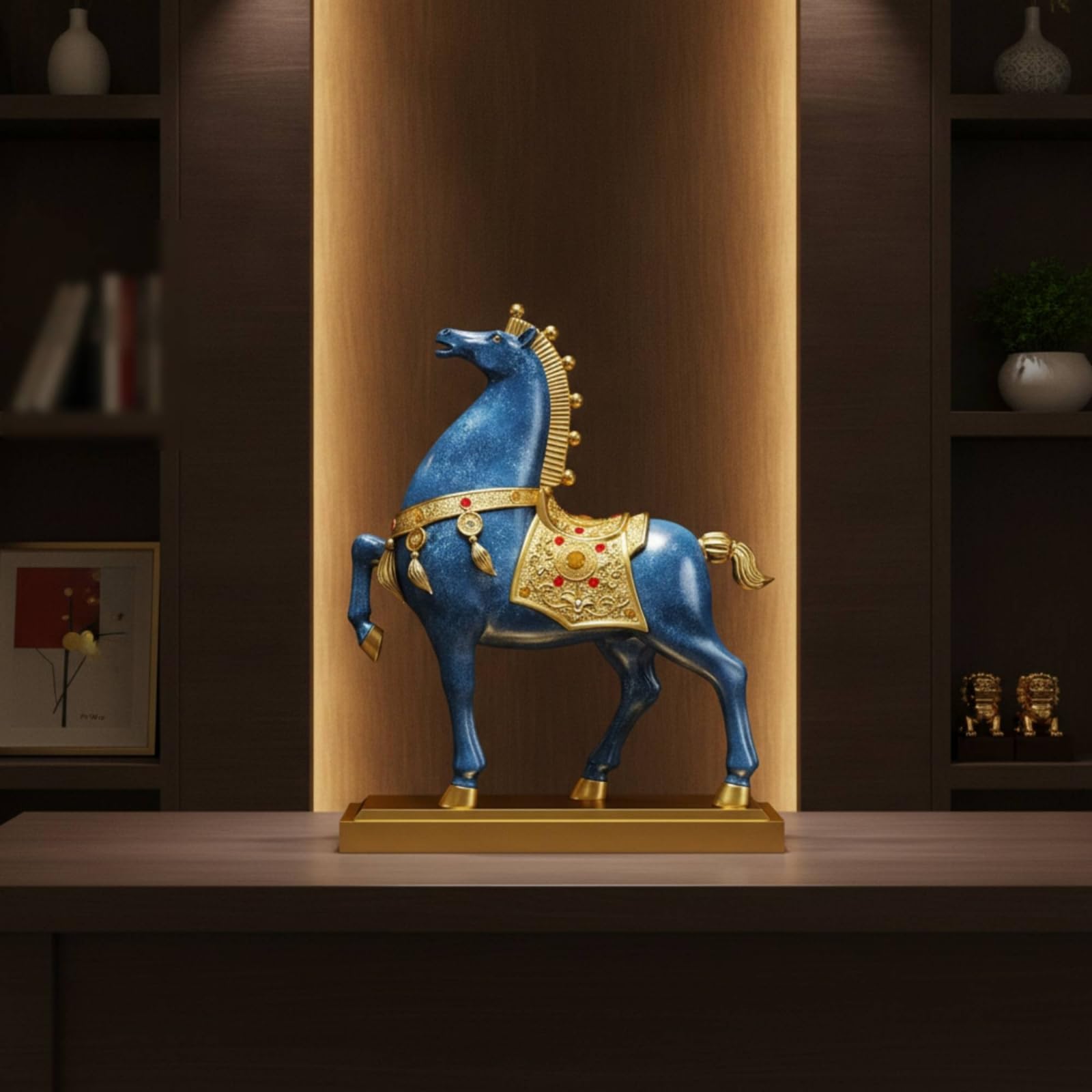 harayaa Figura de Caballo Decorativa Estatua Ornamental Escultura de Mesa Adorno Coleccionable con Peana Rectangular y Incrustaciones en Resina Sintética y, Rojo