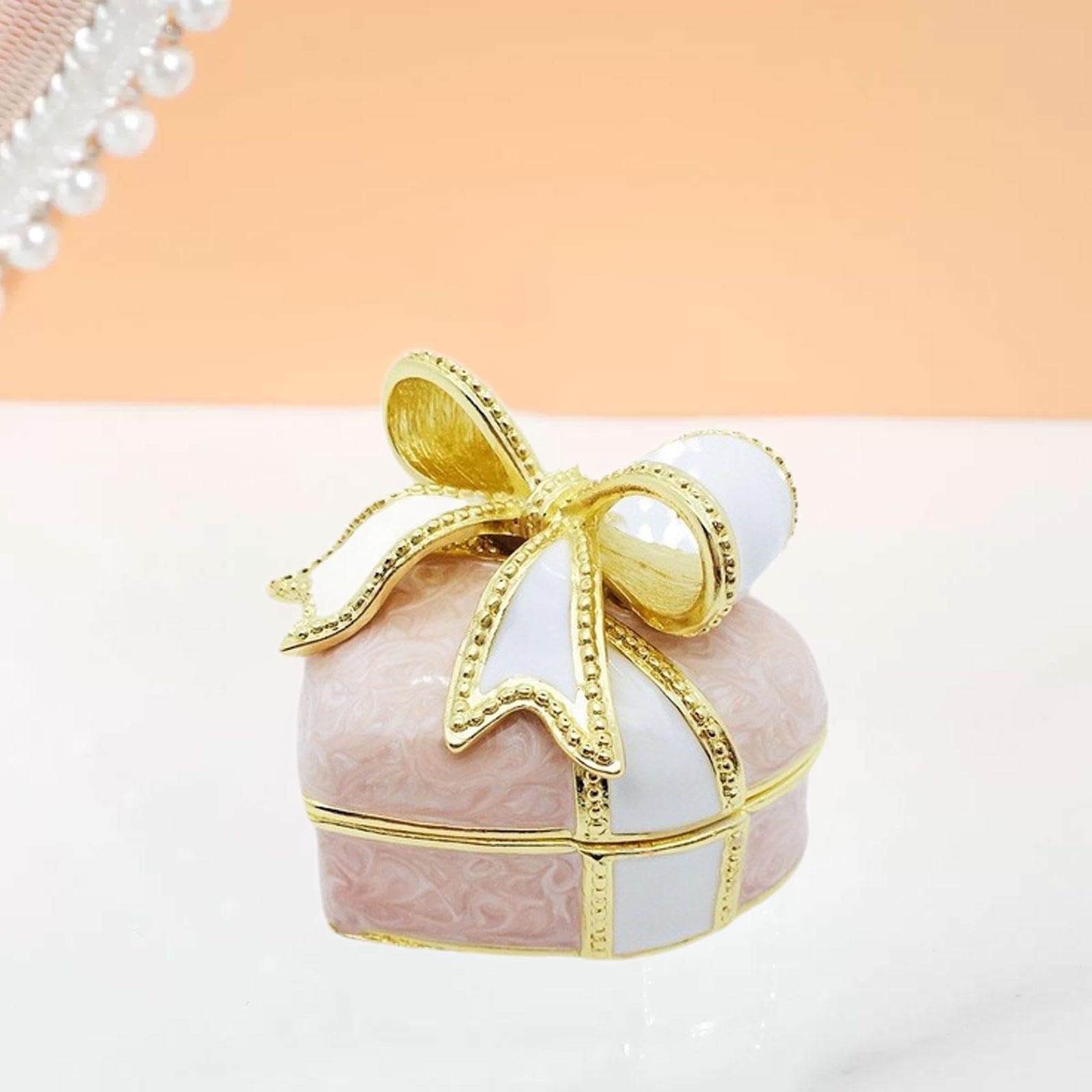 Scatola Gioielli Cuore con Fiocco Porta Gioielli Organizzatore Collana Bracciali Creativo in Lega Metallo Ideale per Donna Decorativo Adatta per Regal, Rosa