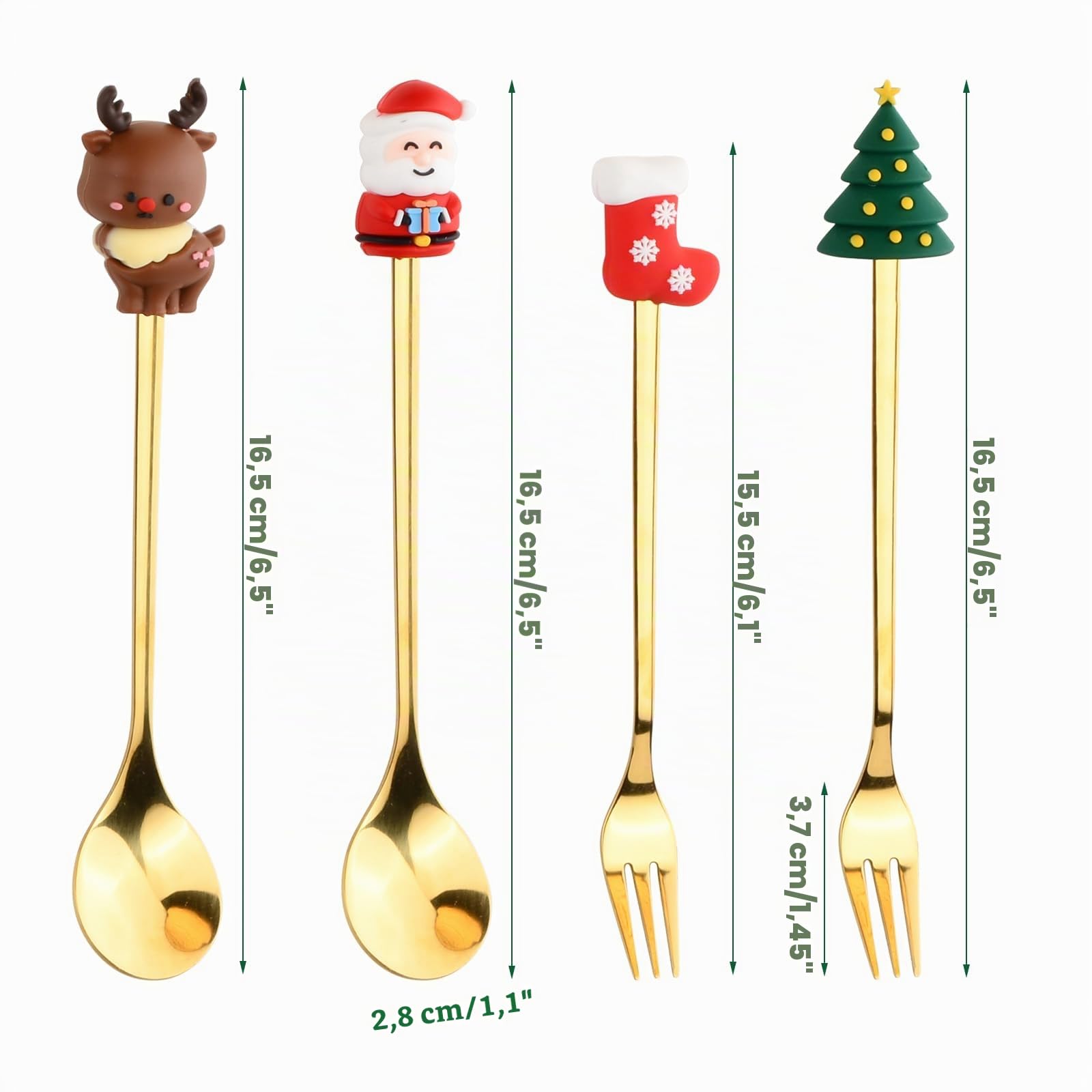 Volumoon Stoviglie natalizie, set da 4 pezzi cucchiai e forchette, cucchiaio da caffè in acciaio inox cucchiaino da tè forchette da dessert forchette da frutta forchetta per dolce, confezione regalo
