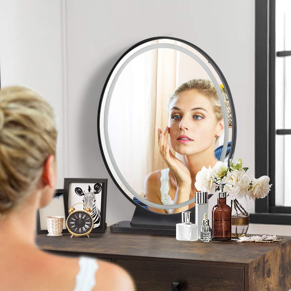 LDAILY Makeup Vanity Desk with Mirror and Lights, Vanity Table with 3 Modes Adjustable Lighted Mirror, Stool and 2 Drawers, Modern Makeup Desk for Small Space, Ideal Gifts for Girls (Walnut)