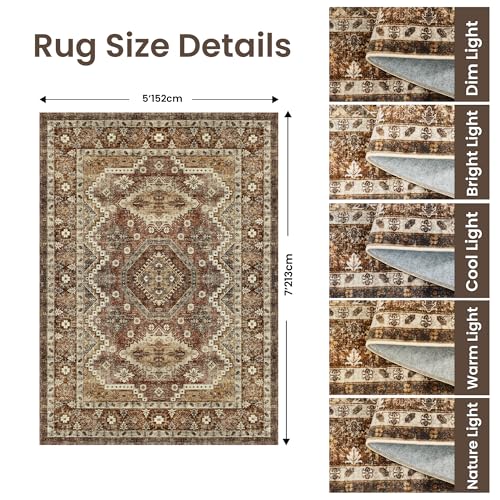 Rugland 5x7 Area Rugs - Stain Resistant Washable Rug, Anti Slip Backing Rugs for Living Room, Vintage Tribal Area Rugs (TPR07-Rust, 5'x7')