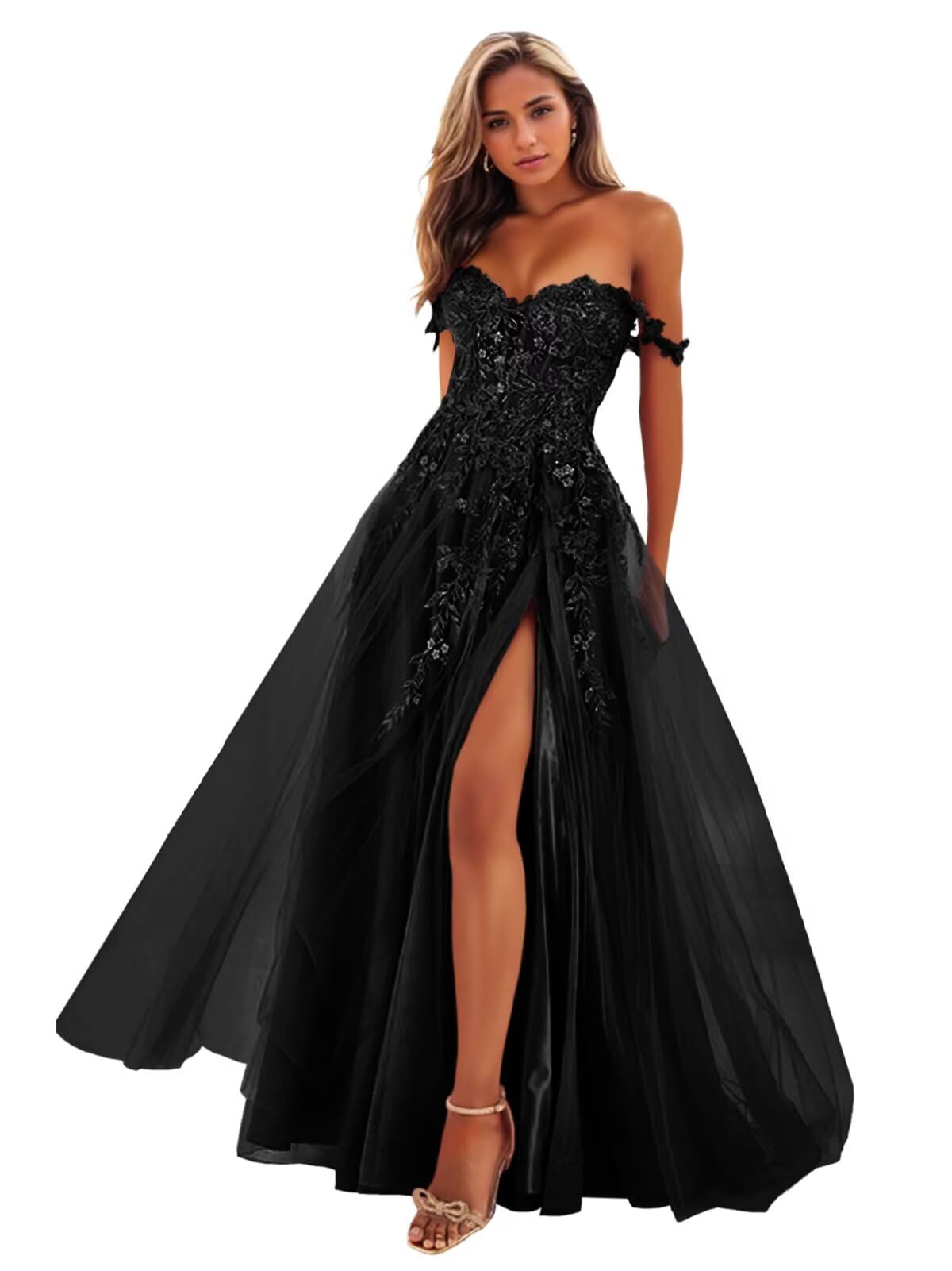 Cudiew Sparkly Tulle Prom Dresses Lace Applique Corset Long Off The Shoulder Formal Evening Gowns with Slit for Women