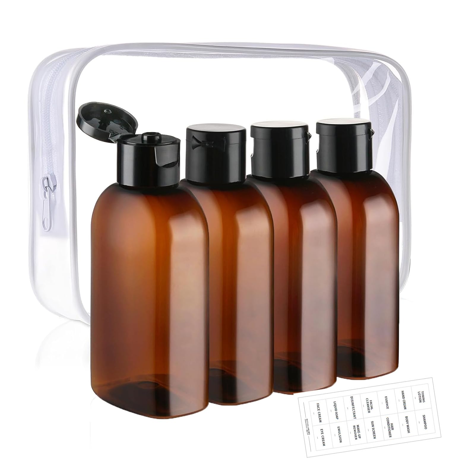 XPAPOV 4 Pcs Travel Shampoo Bottles, 3.4oz / 100ml Brown, Leak Proof, Reusable, PET Plastic, Perfect for Travel Toiletries