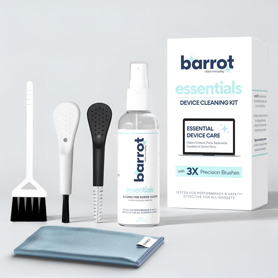 BARROT Elements Laptop & Mobile Cleaning Kit | Designed for Laptops, Mobiles, Tablets, Camera Lenses, Earbuds & More | Includes 100ml Screen Cleaner, Soft Nylon Brush, 20x20CM Premium Microfiber