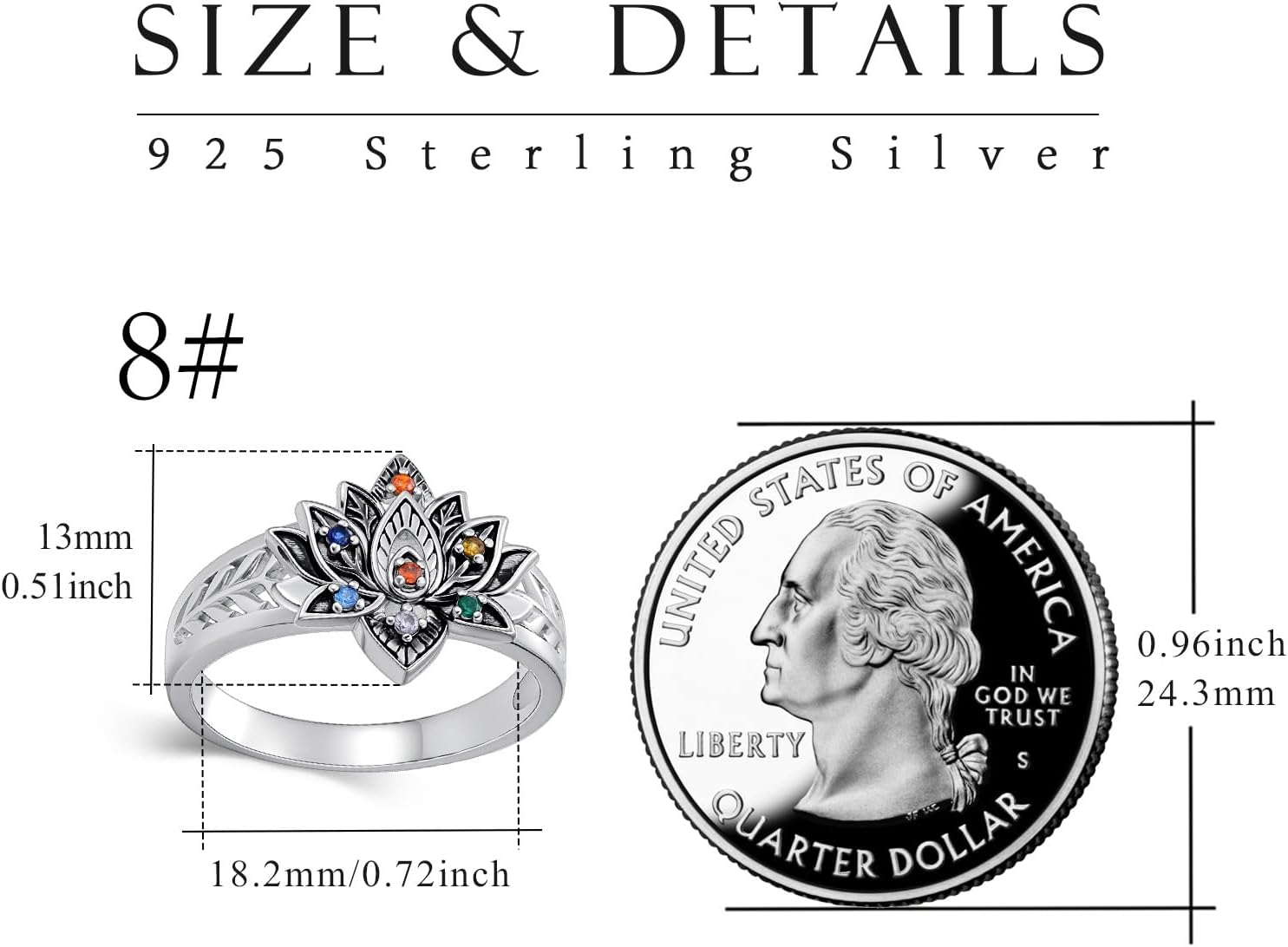 925 Sterling Silver Chakra Lotus Ring, 7 Colored Gemstones, Vintage Balance Yoga Style, Size 8 - Image 3