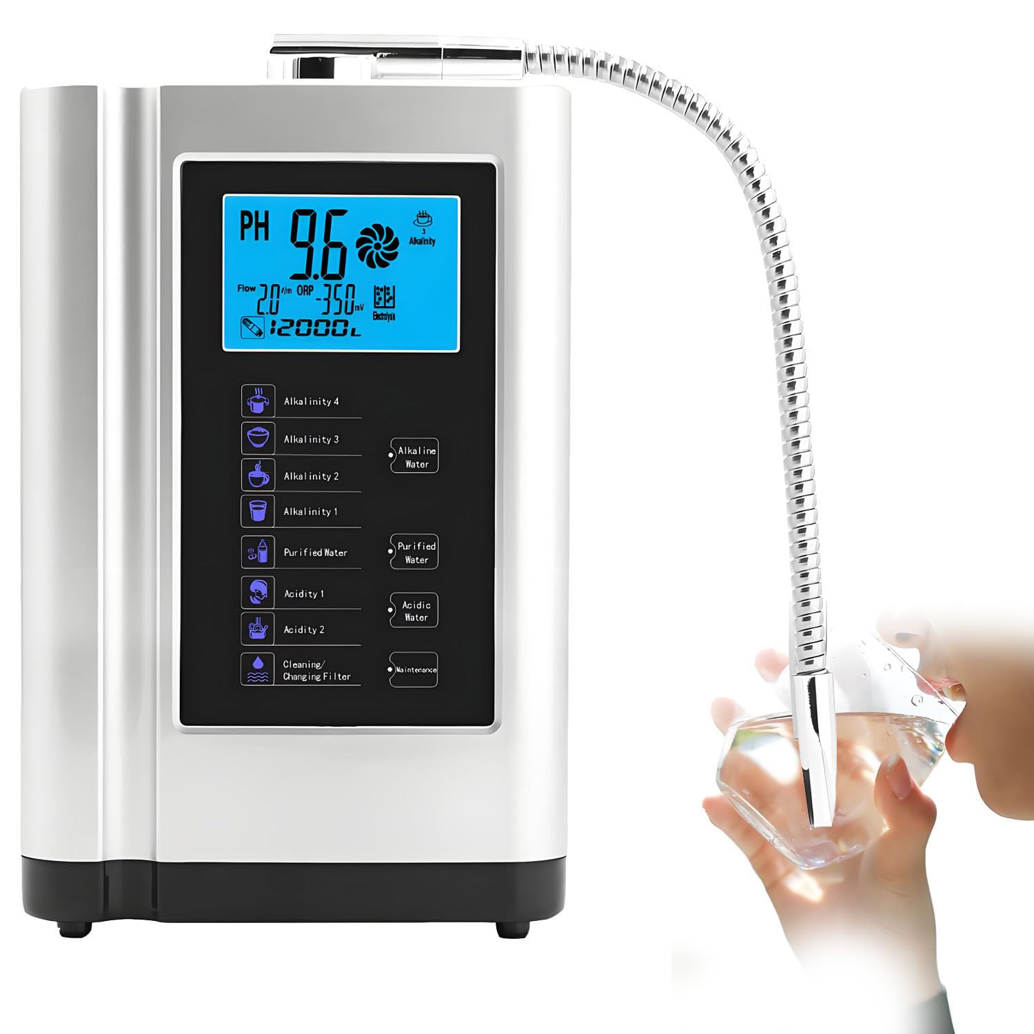 Ioniseur d'eau alcaline pH 3,5-10,5 avec filtre 8000 L et écran LCD Silver