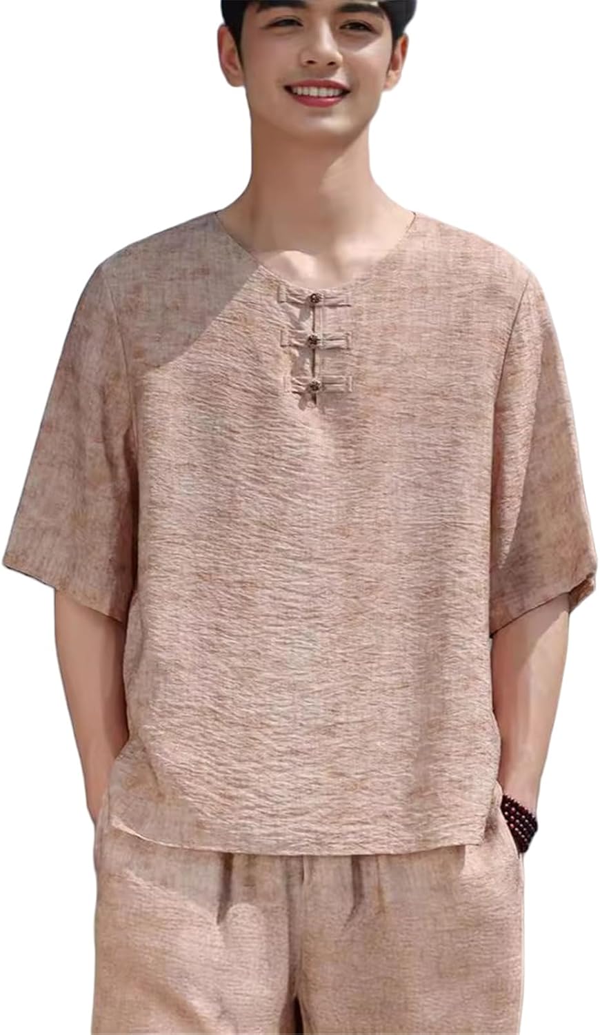 Men's Summer Chinese Style Zen Wear Ice Silk Print Frog Button Short Sleeve Shirt