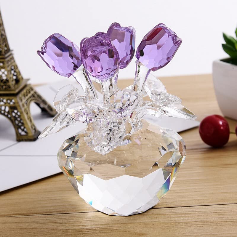 Panier De Roses En Cristal Rose – Figurine Cadeau Femme, Presse-papier