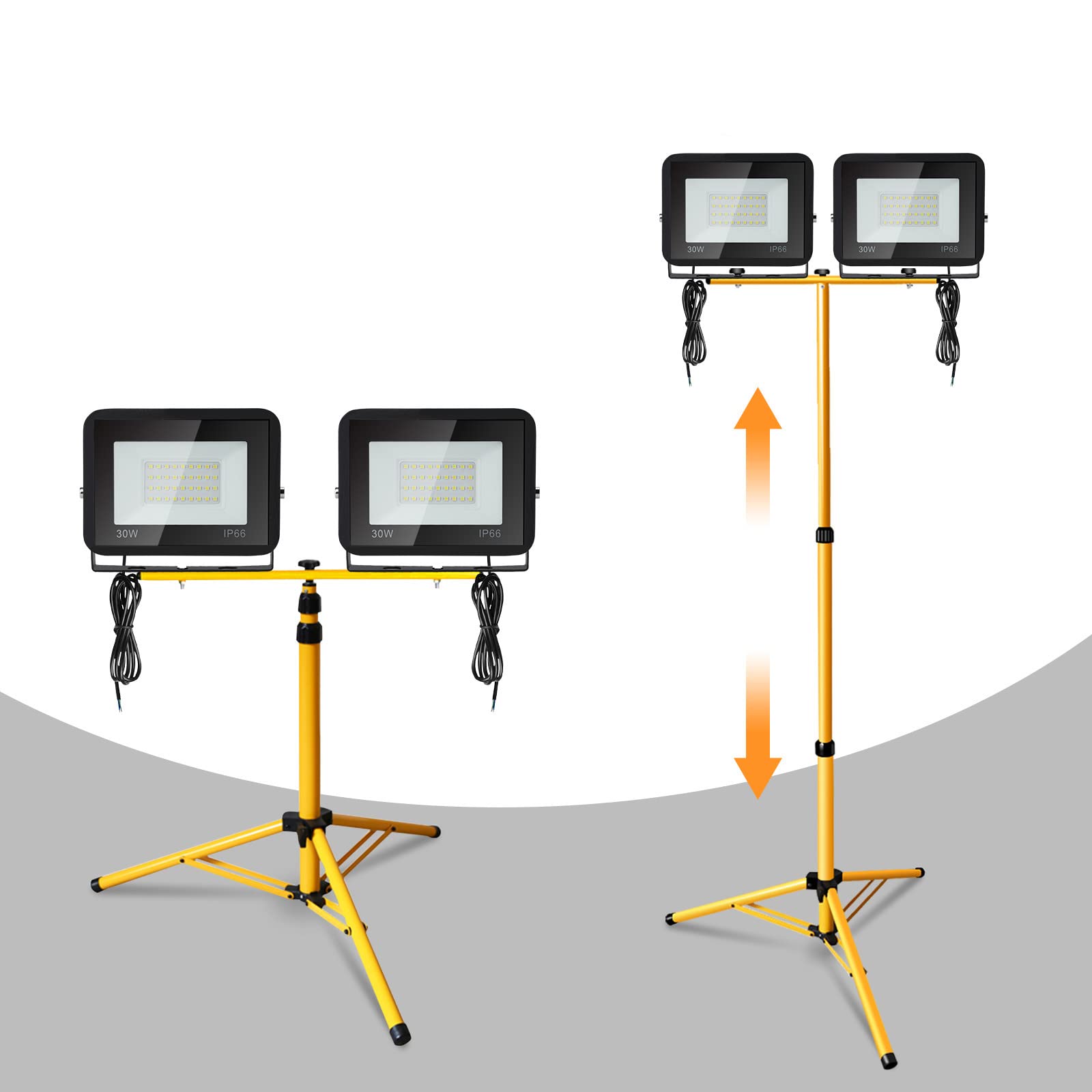 Herrselsam Reflektor budowlany LED ze statywem teleskopowym, 2 x 10 W, ciepła biel, IP66, wodoszczelny, 3000 K, 900 lm, lampa budowlana do wewnątrz i na zewnątrz, regulacja wysokości (z kablem o długości 1 m, bez wtyczki)