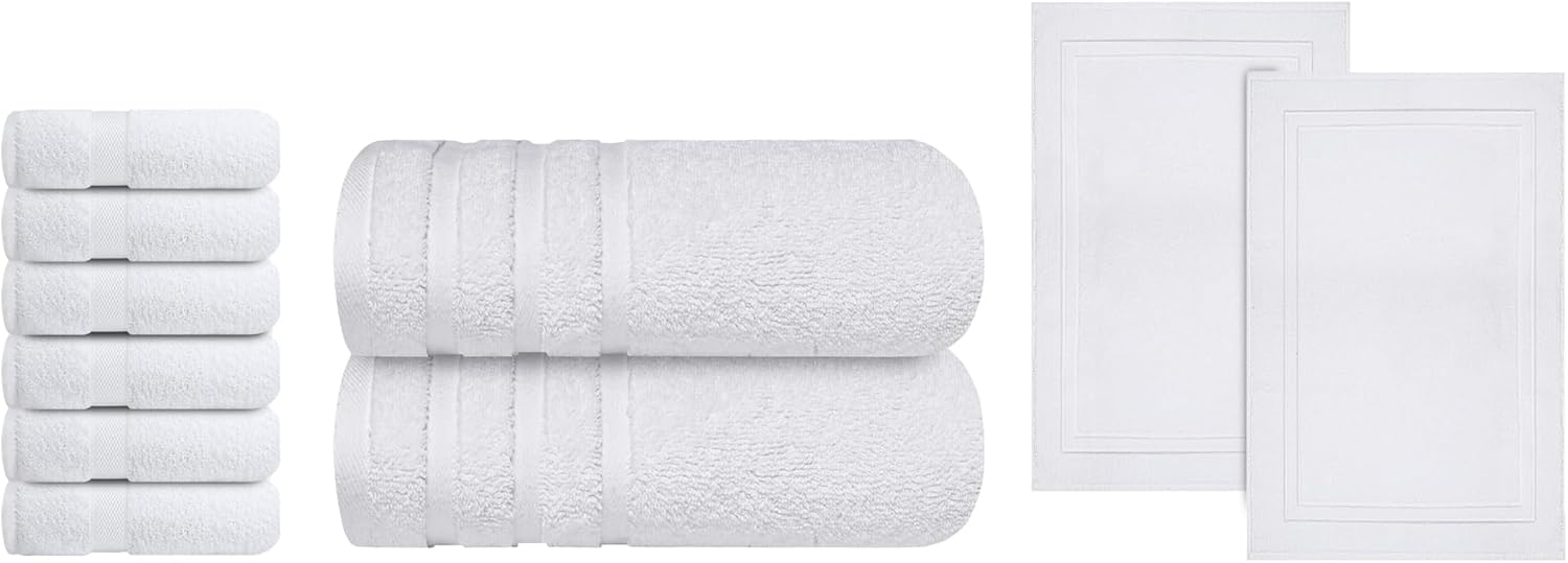 Infinitee Xclusives White Hand Towels for Bathroom - Set of 6 (16x28 inches) 600 GSM - 100% Cotton Luxury Bath Towels Set of 2 (27x54 Inches) - Premium Cotton Bath Mats for Bathroom – Pack of 2