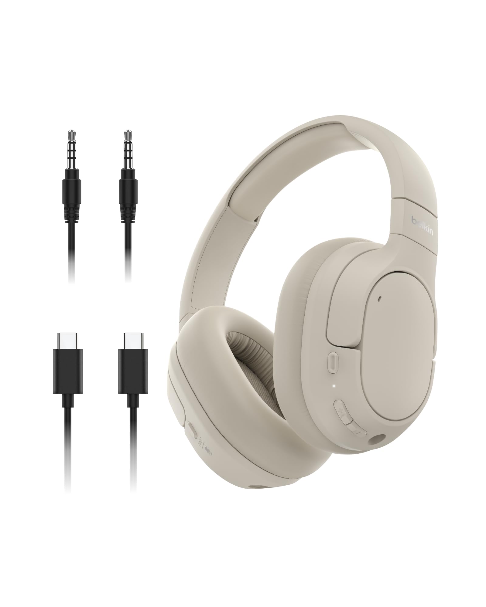 Belkin SoundForm Isolate Bluetooth Over-Ear Headphones - Hybrid Active Noise Cancelling Headphones - Wireless w/ 60H Playtime, Fast Charging & CloudCushion Ear Cups for Travel, Home, or Office - Sand
