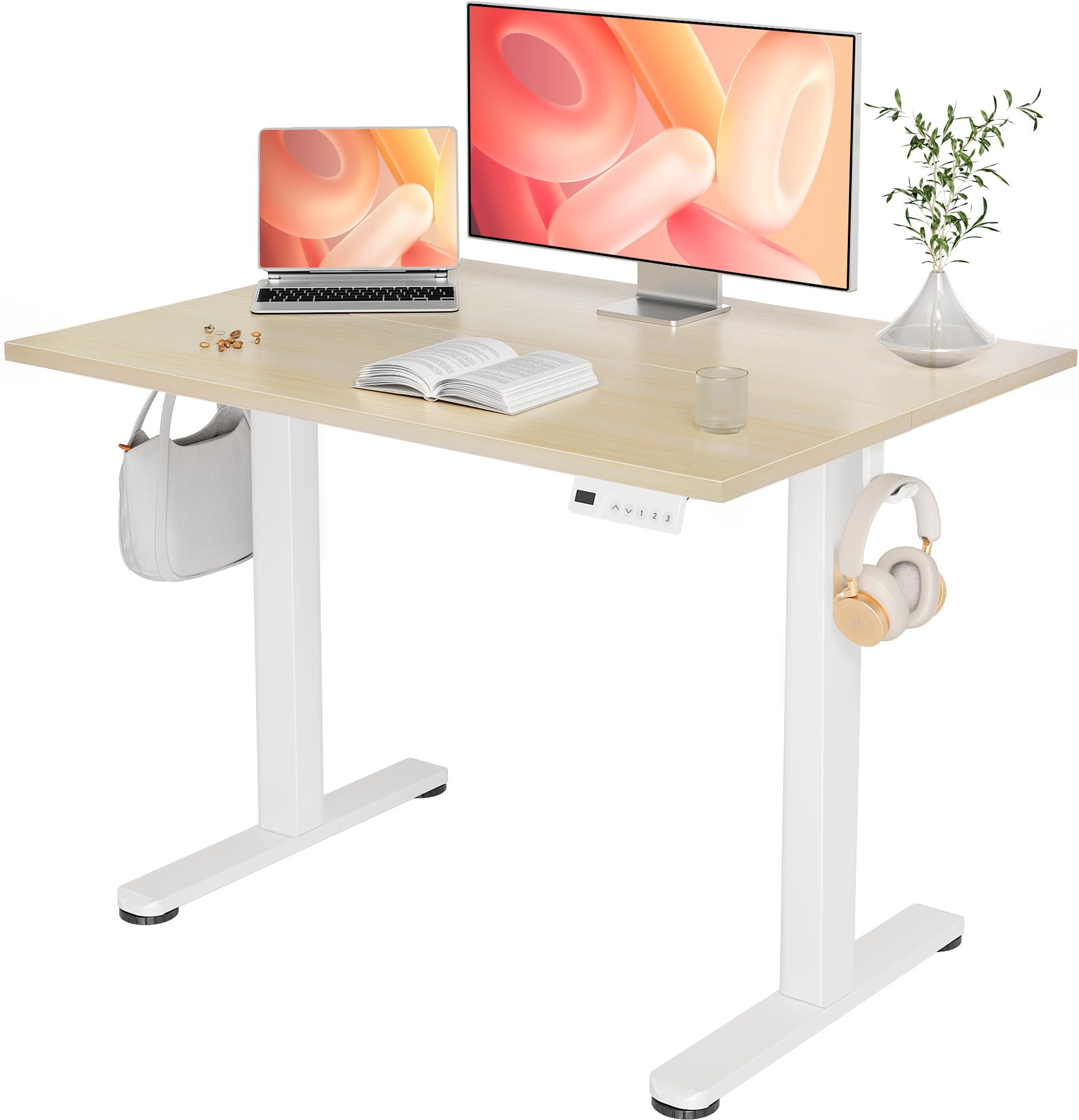 YDN Electric Standing Desk Adjustable Height, 40 x 24 Inches Stand up Desk with Cable Management, Home Office Desks with Splice Board & White Frame, Nature Top