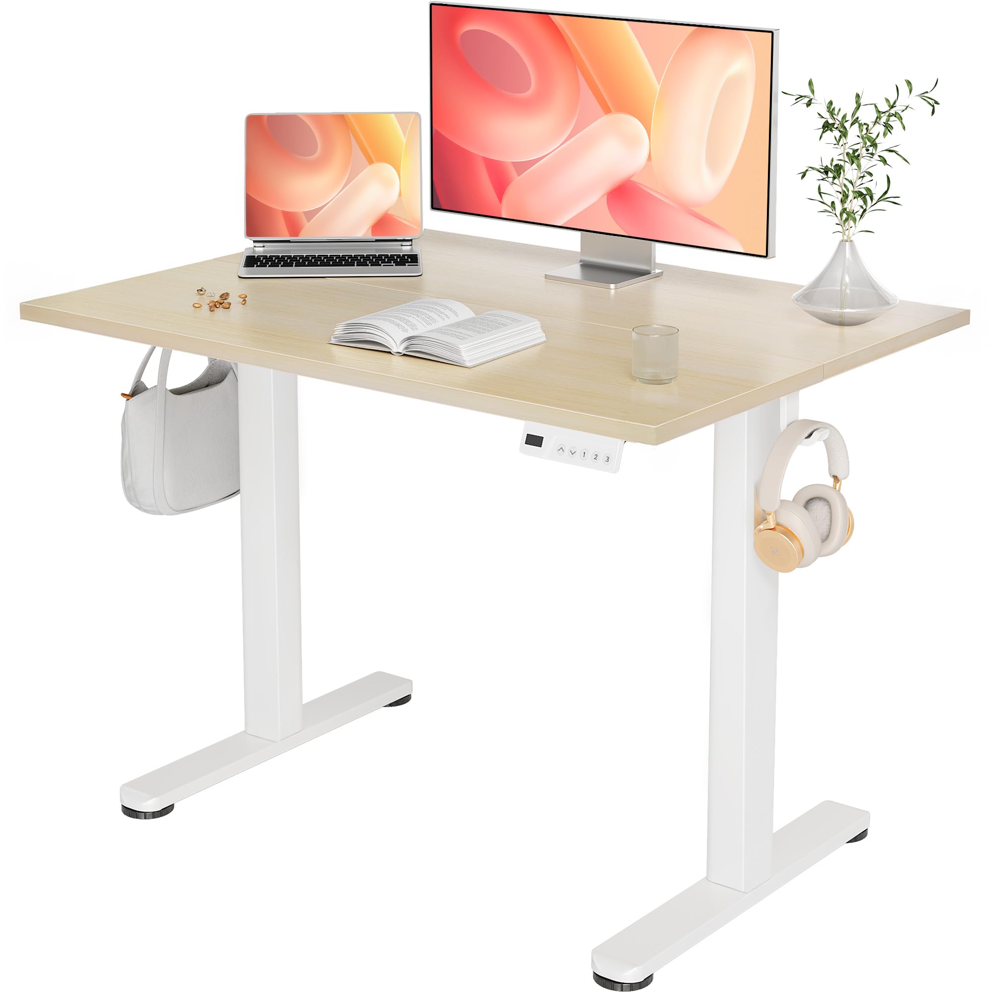 YDN Electric Standing Desk Adjustable Height, 40 x 24 Inches Stand up Desk with Cable Management, Home Office Desks with Splice Board & White Frame, Nature Top