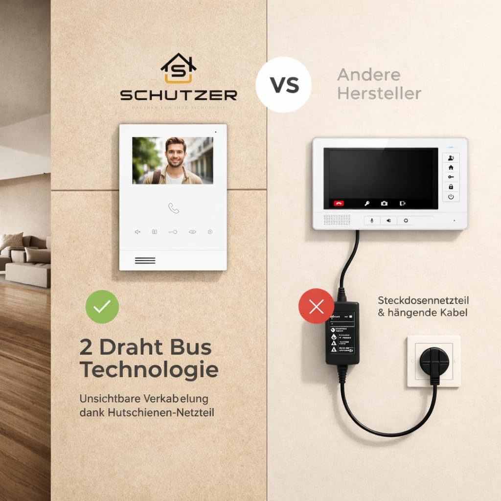 SCHUTZER Video-Türsprechanlage mit Kamera für Einfamilienhaus – kabelgebundene Video Türklingel mit 4,3 Zoll Innenmonitor, 2-Draht-Bus, Sprechanlage mit Türöffner