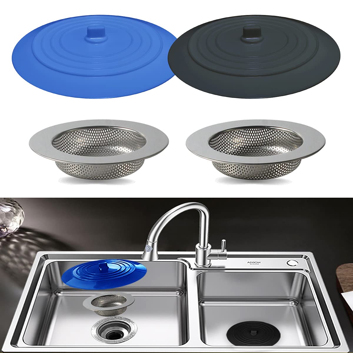 Seatery 4PCS Kitchen Sink Strainer Stopper Kit, Universal Silicone Sink Drain Plug Cover, Drain Water Stopper, 4.5 Inch Stainless Steel Sink Drain Strainer, Food Debris Catcher for Kitchen