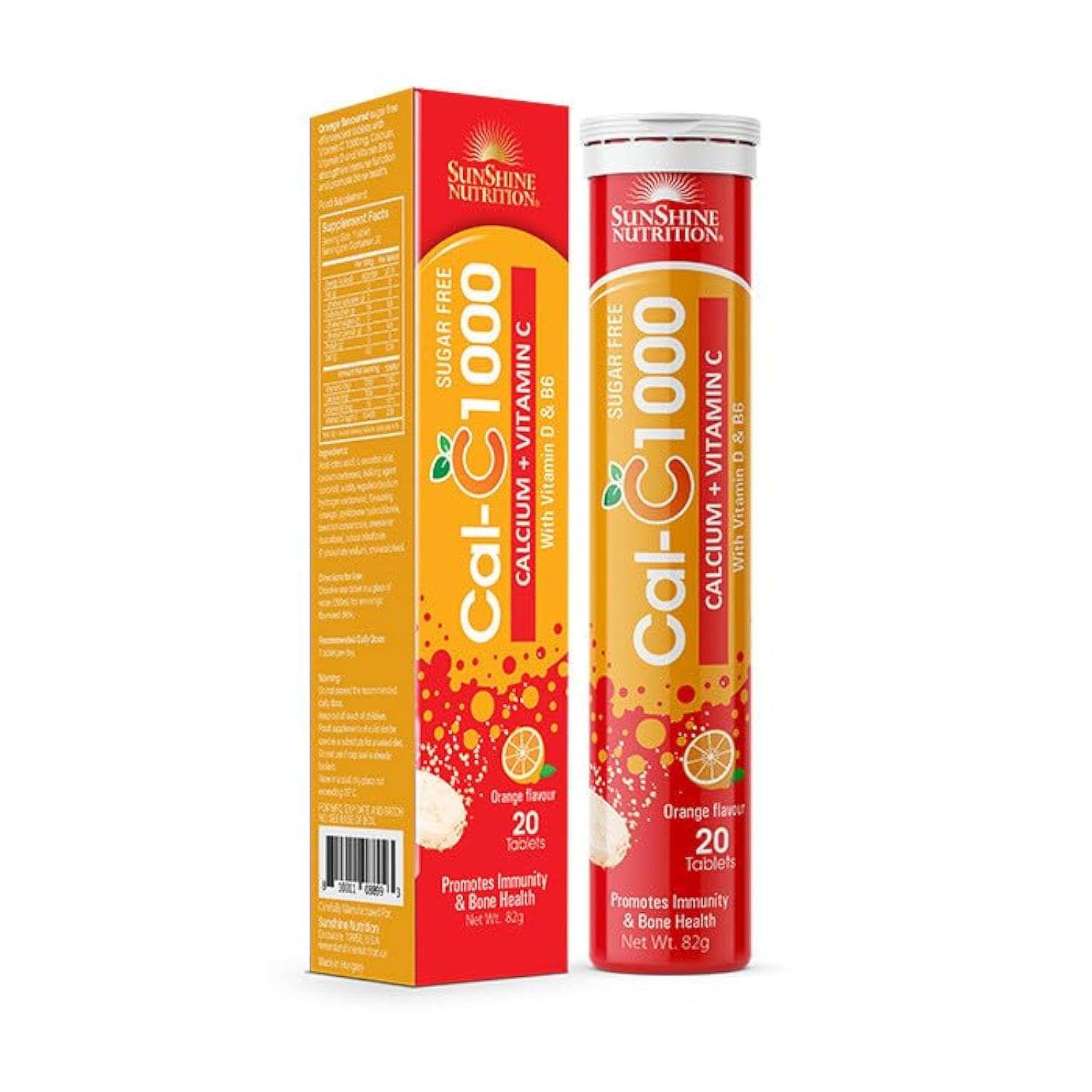 Sunshine Nutrition Cal-C 1000 With Calcium, Vitamin C, Vitamin D & B6 | To Boost Immunity & Bone Health | Helps During Infection | Sugar free | Orange Flavor | 20 Tablets