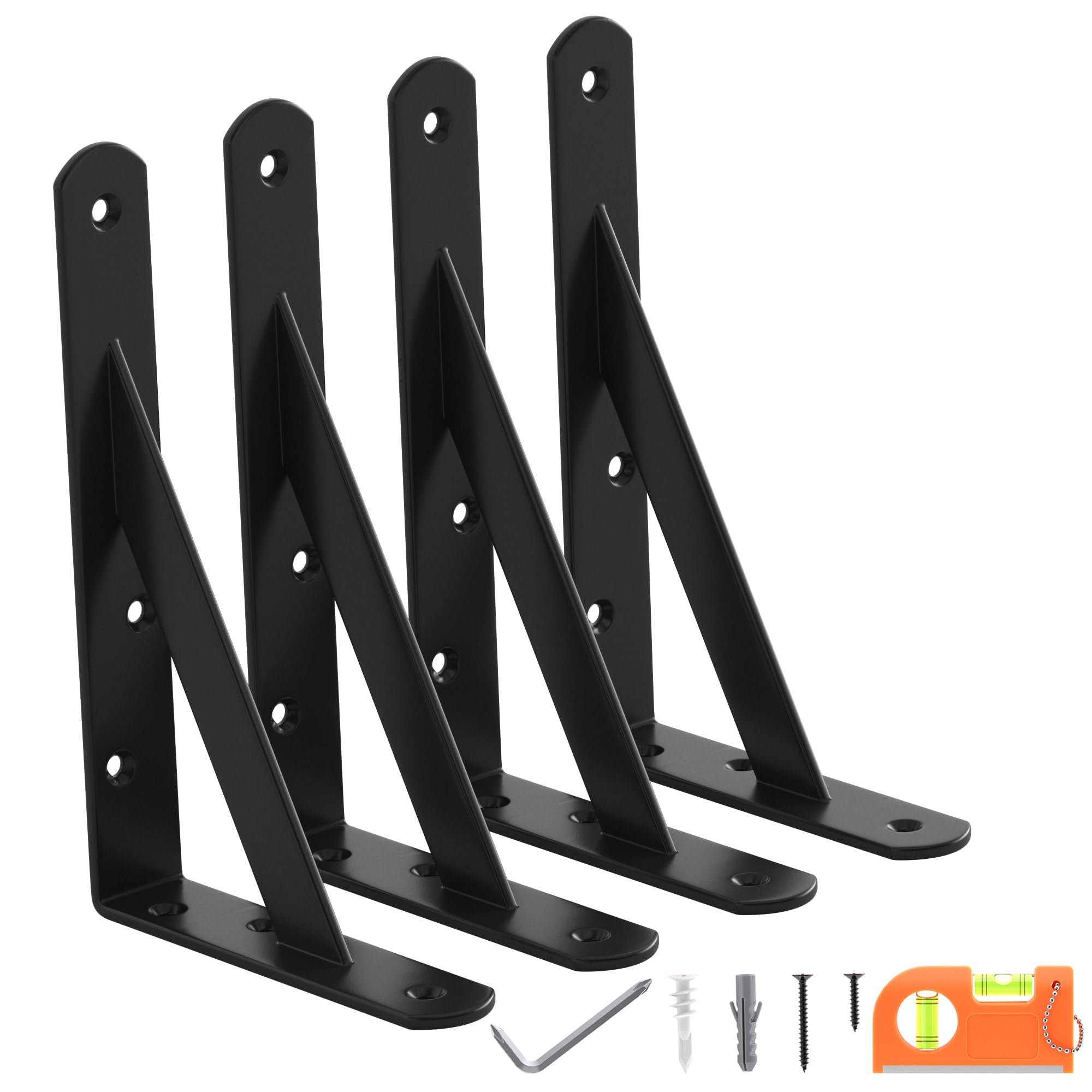 4-Pack 7 Inch Heavy Duty Shelf Brackets, Large Floating Wall Bracket for Garage Storage Shelves, Black Powder-Coated Finish, Load Capacity 800lbs