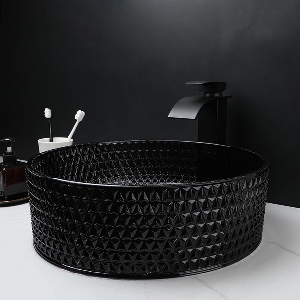 KECTIAKL Crystal Bathroom Vessel Sink with Faucet and Drain Combo,Diamond Shaped Black Glass Vessel Sinks for Bathrooms Art Sink Above Counter Round