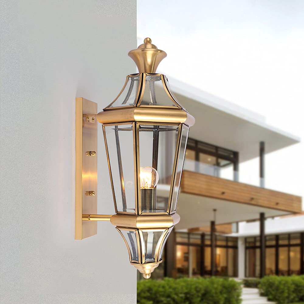 HUAYUSEDF Gold Brass Outdoor Wall Sconce 1 Light Porch Fixture with Clear Glass for Garage Entryway Anti Rust Exterior Mount for House Lighting
