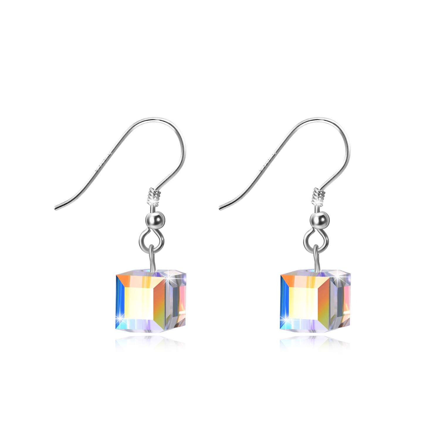 AOBOCO Sterling Silver Leverback Cube Crystal Earrings