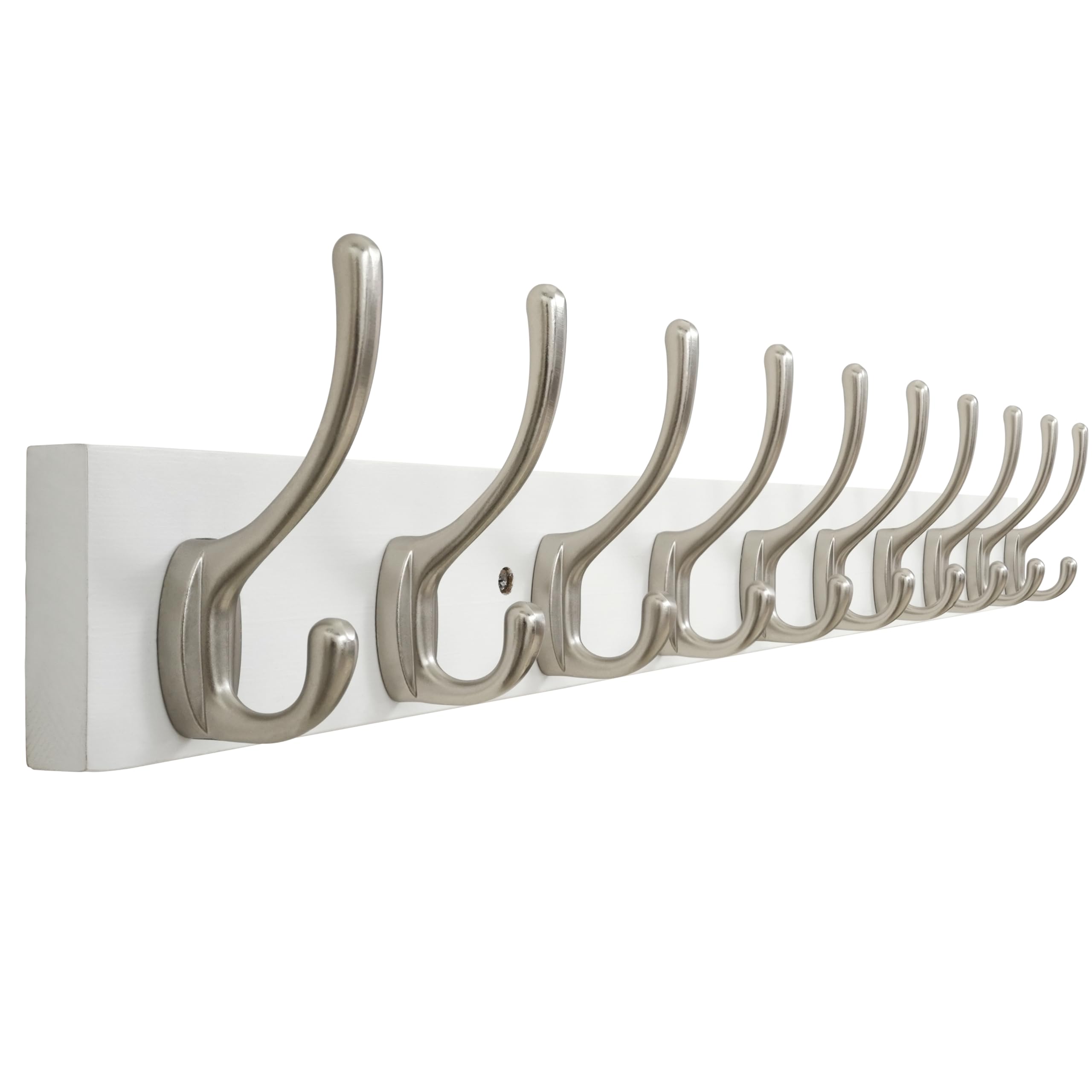 SKOLOO Solid Pine Wood Wall Mounted Coat Hooks, 71cm Long, 10-Hook Modern Entryway Organizer with 16" Stud Installation, for Hallway, Bathroom, Kitchen (White Wood/ & Nickel Hooks)​
