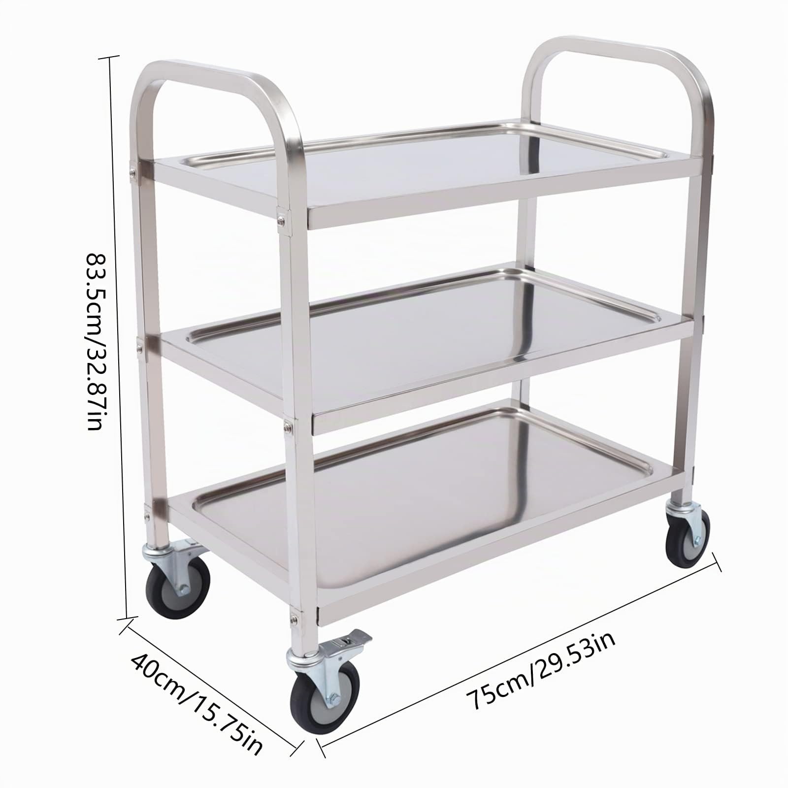 Royal Catering Carrello da servizio professionale in acciaio inox | 3 ripiani + 4 ruote con freno di stazionamento | 75 × 40 × 83,5 cm carrello da cucina per gastronomia, hotel e catering