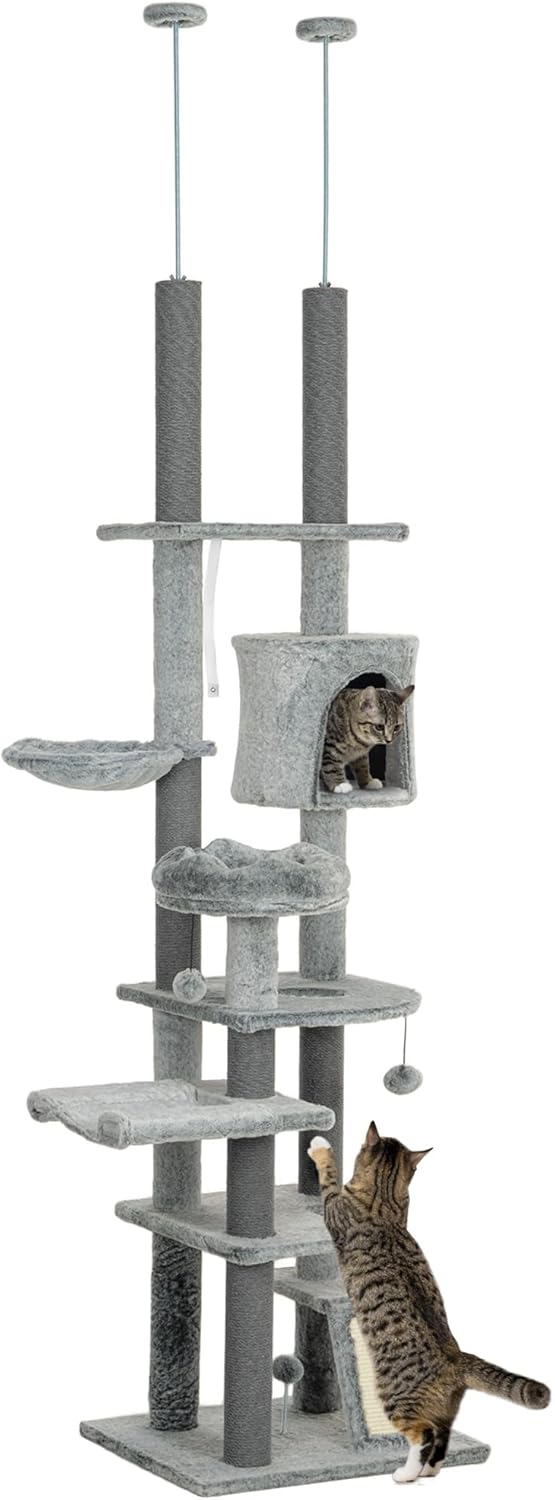 Adjustable Gray Floor-to-Ceiling Cat Tree Tower with Hammocks and Condo