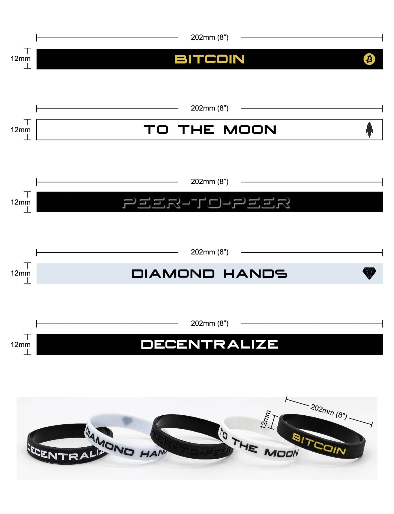 Crypto Bands - 5 Pack - Rubber Wristbands - Unisex - New - Cryptocurrency  Accessories - Lifestyle Wristbands - Bitcoin - to The Moon - Peer-to-Peer - Diamond  Hands - Decentralize :
