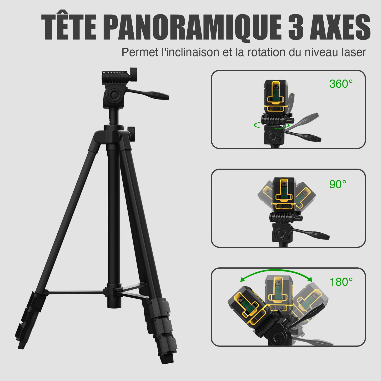 Trépied en aluminium pour nivellement laser de 148 cm de hauteur et 0,65 kg léger avec niveau de bulles, plaque de déclenchement rapide avec filetage de vis 1/4"-20 pour appareil de nivellement de