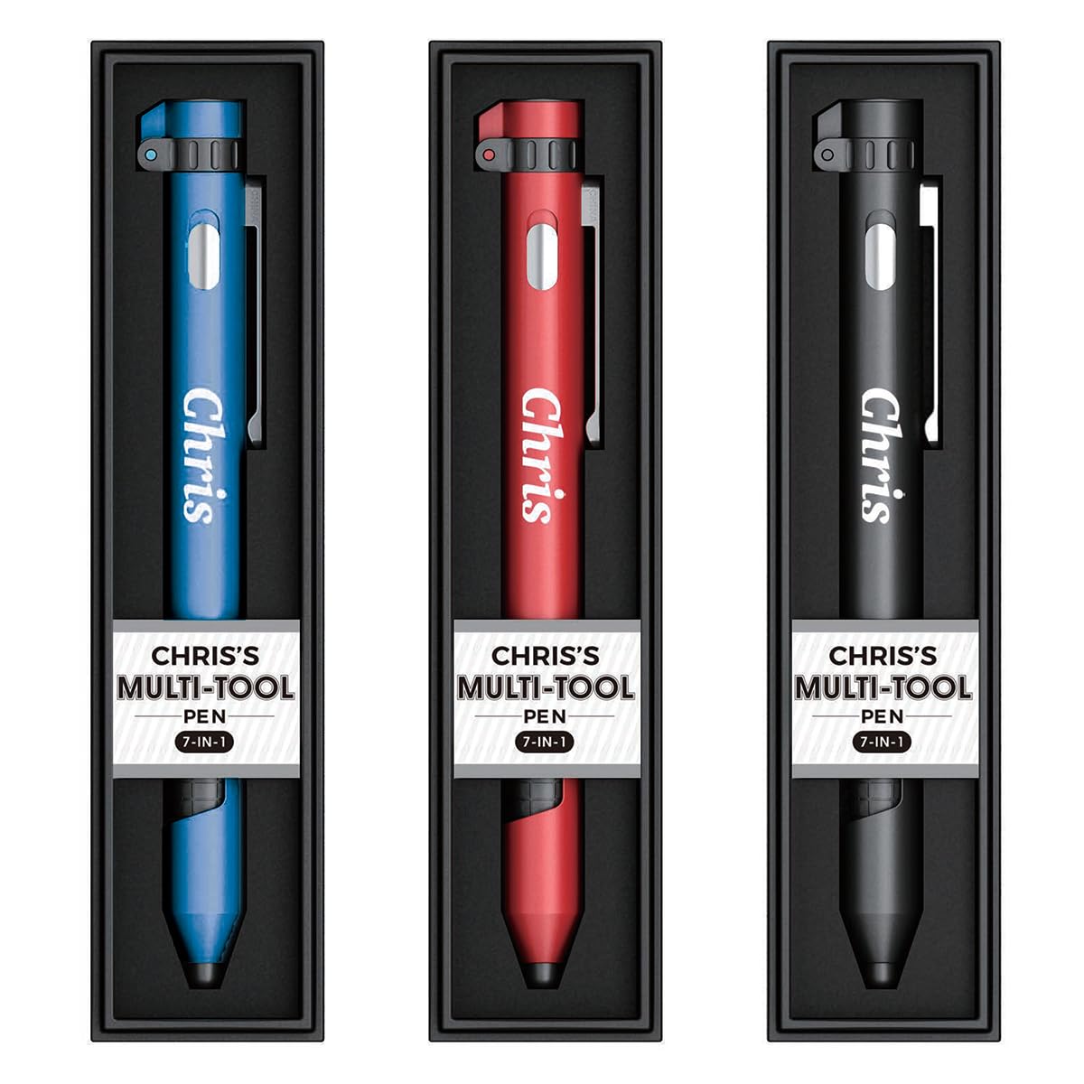 Jrose Collections Red/Blue/Black Chris Named Personalised Multi-Tool Pen, 7-In-1 With Torch, Phone Holder, Stylus, Compass, And Screwdriver Set - Assorted Colours (, Black) - Ink