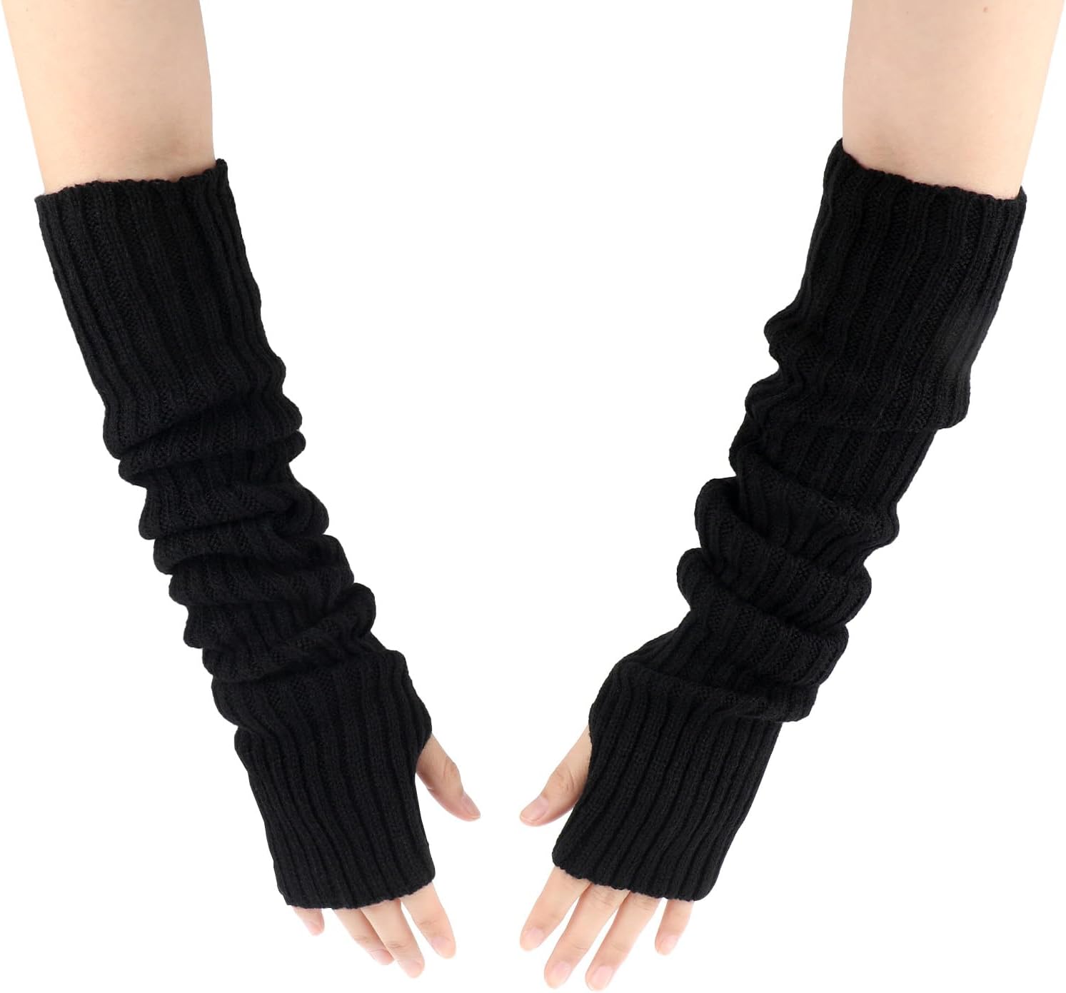 Black Arm Warmers for Women Girls, Knit Fingerless Gloves Winter Fingerless Mitten Gloves, Warm Arm Sleeve, Thumb Hole Stretchy Gloves