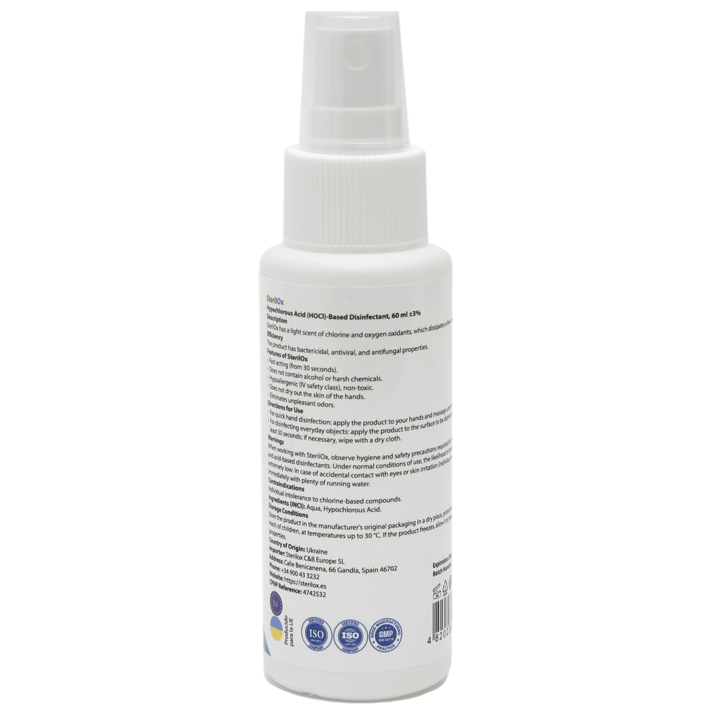 60 ml, spray cosmetico antisettico, per mani, giocattoli, piatti, oggetti, sicuro per bambini e animali domestici, senza alcool, senza profumo, con acido ipocloroso (HOCl)
