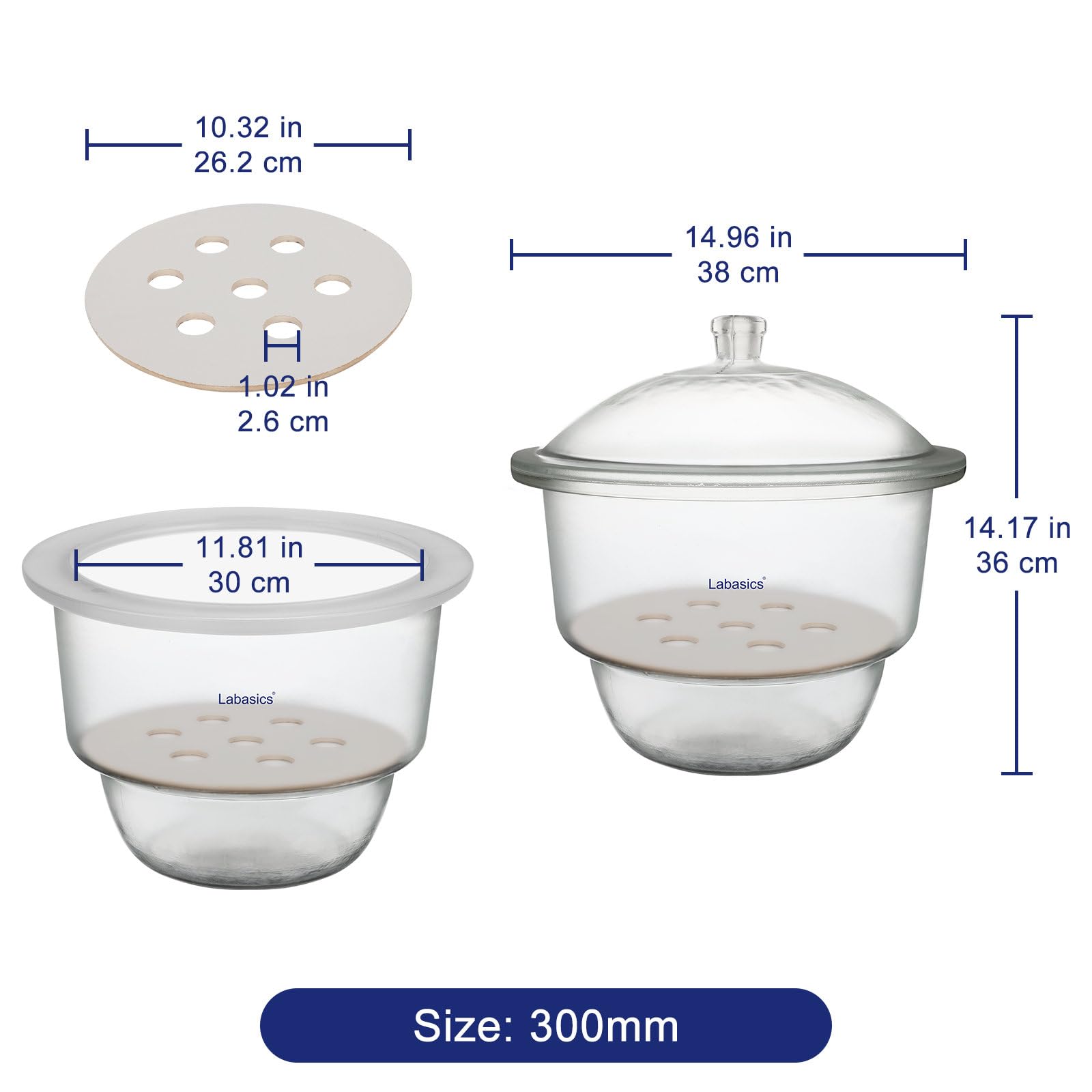 Labasics Essiccatore in Vetro con Coperchio a Pomello e Piastra in Porcellana, Contenitore Tondo per Stoccaggio a Secco Non Sottovuoto per Campioni di Laboratorio e Materiali Attivi, 300 mm I.D.