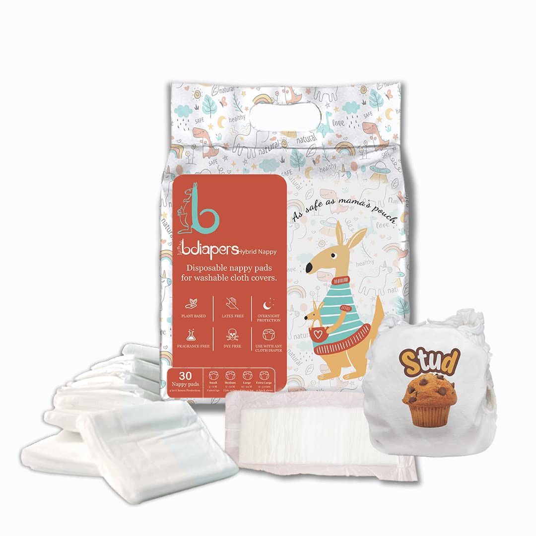 Bdiapers baby Large 12-24m (upto 15kgs) cloth diaper with 30 disposable nappy pads - Washable & reusable cloth diaper, disposable insert - Print Stud Muffin - Soft & Comfortable