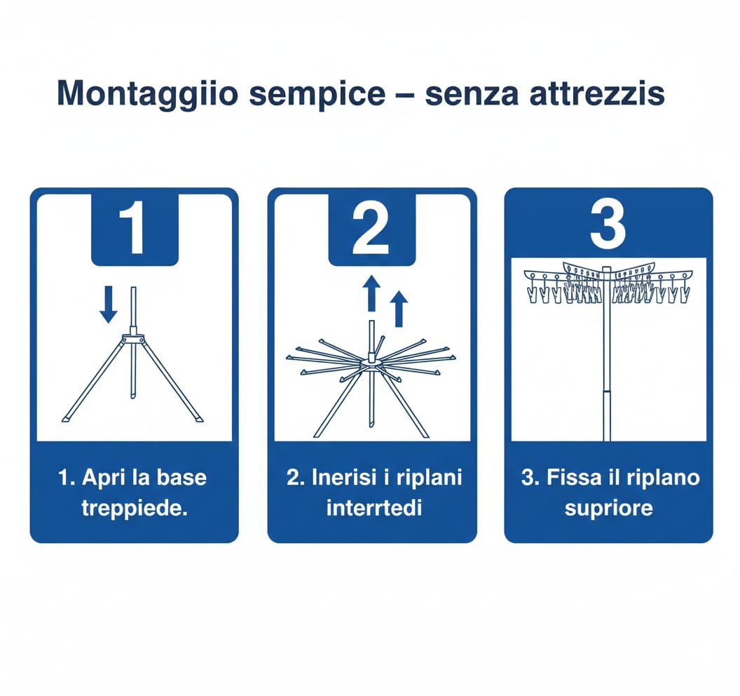 Generico Stendibiancheria Verticale Salvaspazio 170 cm – Stendino a Torre con Bracci Rotanti 360°, Pieghevole, per Interni ed Esterni, Base Stabile a Treppiede
