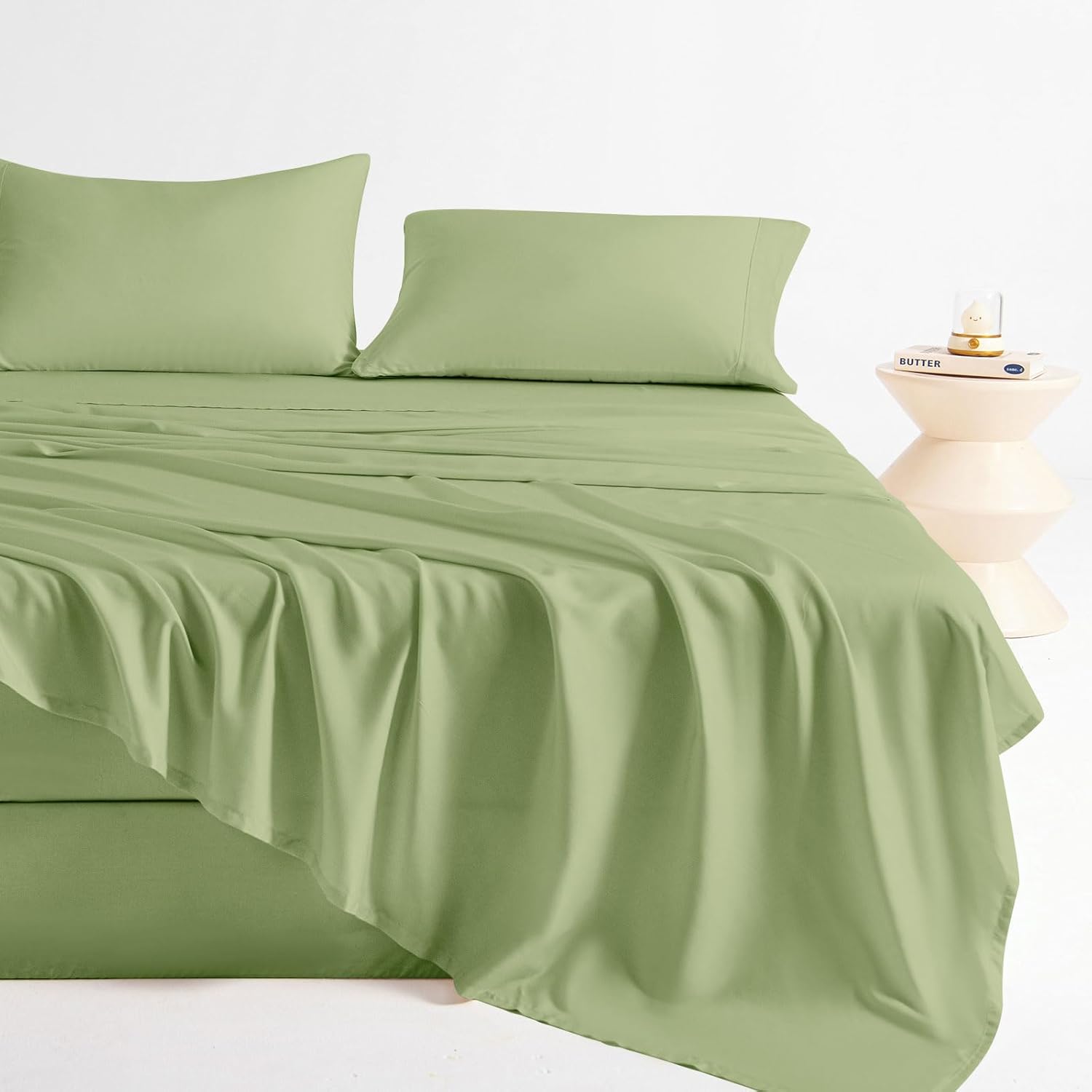 LONAVA 100% Viscose Derived from Bamboo Queen Sheet Set Olive Green, 4 Pieces Soft Cooling Bedding with Deep Pocket UP to 16", Silky Smooth, Organic & Breathable, Breathable Bed Sheets - Thumbnail 3
