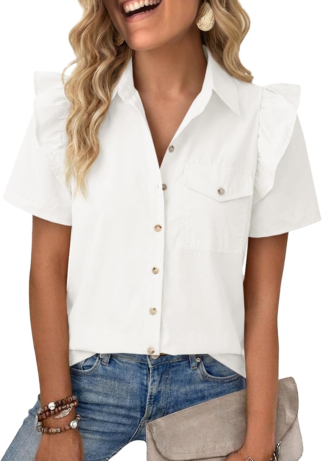 Cicy Bell Womens Ruffle Button Down Shirts Dressy Casual Short Puff Sleeve Cotton Tops Summer Loose Fit V Neck Blouses