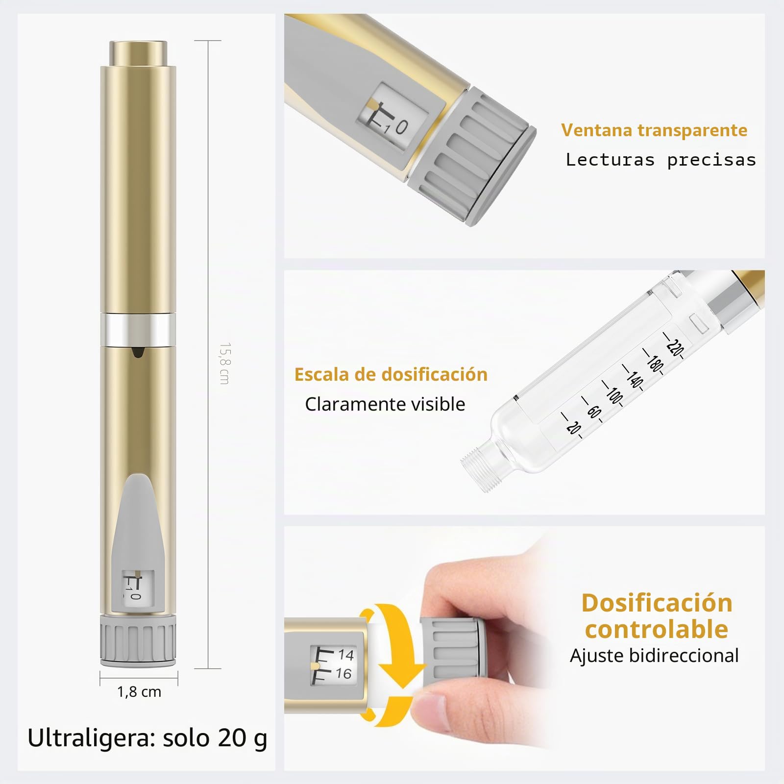 Bolígrafo de Insulina Reutilizable, Dosificador Preciso, Compatible con Cartuchos de 3 ml, 1–60 Unidades, Dorado