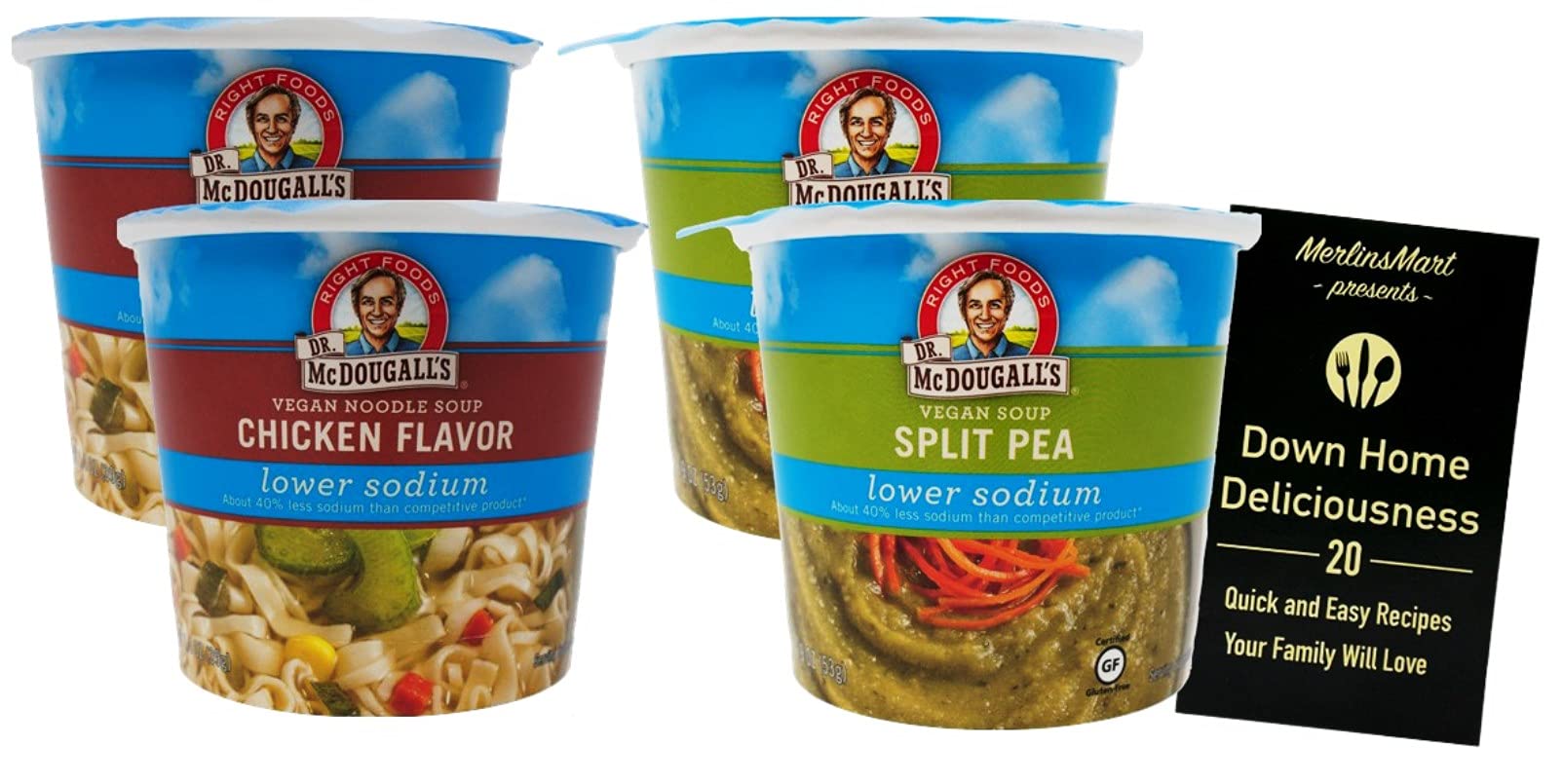 Dr. McDougall's Lower Sodium Soup Cups 2 Flavor Sampler - (2) each: Chicken Noodle, Split Pea (1.4-1.9 Ounces) - Plus Recipe Booklet Bundle