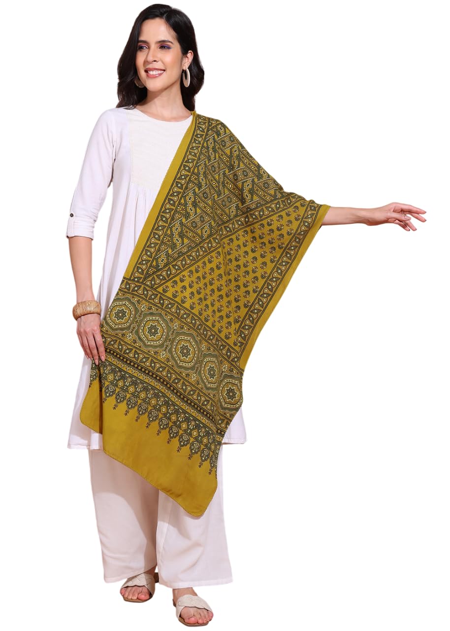 amrozia Ajrakh Natural Dyed Mustard Block Print Rayon Stole-picture-15