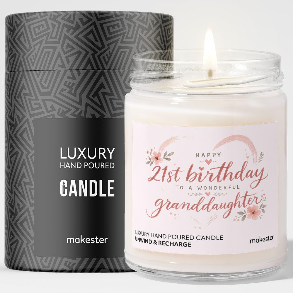21st Birthday Gift for Granddaughter - Luxury Soy Wax Candle - Vanilla, Jasmine, Sugared Almond - Makester