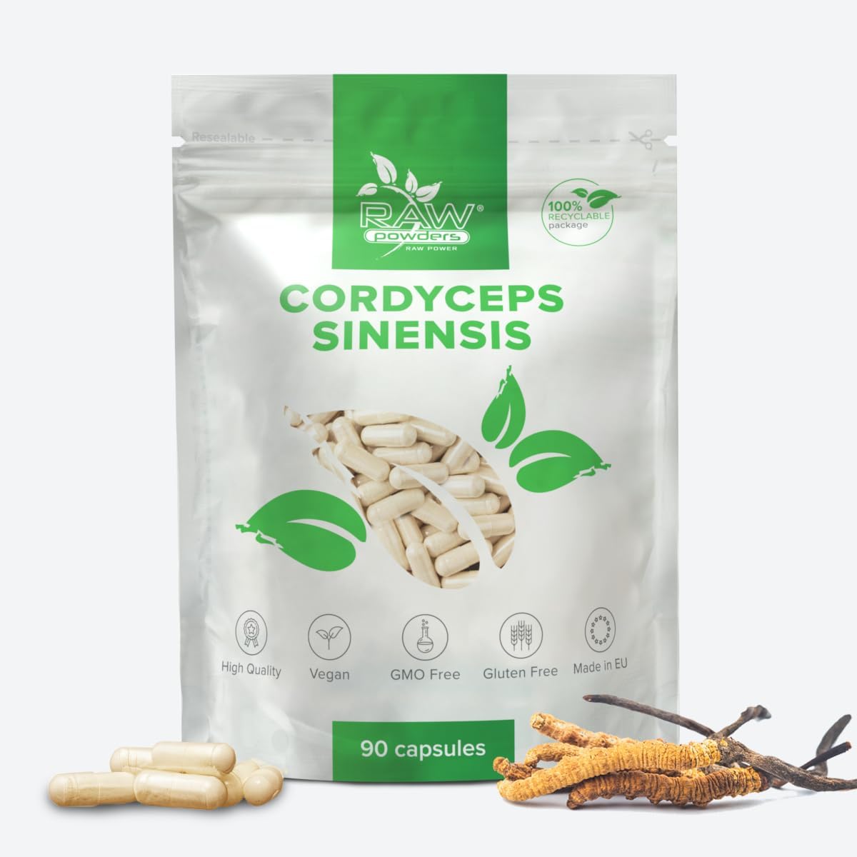 โ Cordyceps Sinensis 750mg, 90 Capsules - High-Strength, Pure Superfood Mushroom for Immune & Energy Boost - Supports Overall Health, Free from Magnesium Stearate Support by Raw Powders