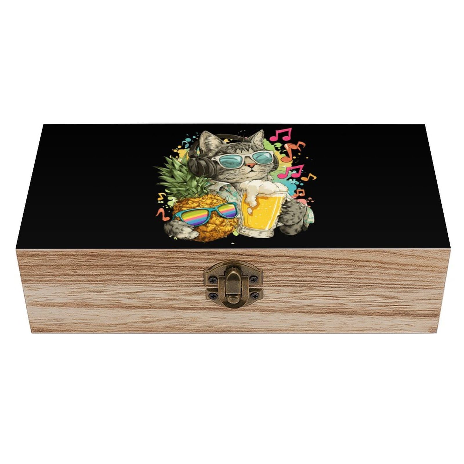HLBSDM Music Cat Beer Pineapple Wooden Box with Hinged Lid Decorative Storage Case Container