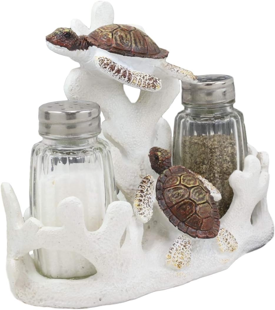 Ebros Nautical White Coral Reef With 2 Swimming Sea Turtles Salt And Pepper Shakers Holder Set Figurine Coastal Beach Turtles Tortoises Decorative Sculpture As Kitchen Dining Centerpiece Accent