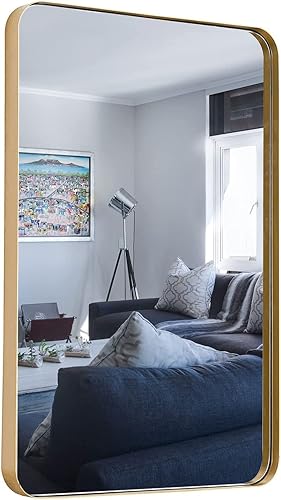 ZZPQ Espejo rectangular dorado de 26 x 38 pulgadas, espejo de pared grande para tocador de baño, espejo grande con esquina redondeada para colgar en