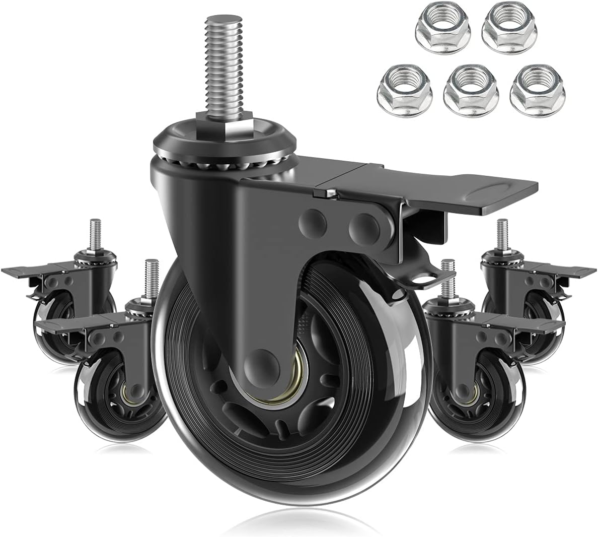 5 Pack 3" Caster Wheels with Safety Dual Locking,Heavy Duty English 3/8"-16 UNC Bolt,Rubber Castors with Brakes,Threaded Stem Mount,360 Degree Swivel,Protection of Hardwood,Carpet,Tile Floor