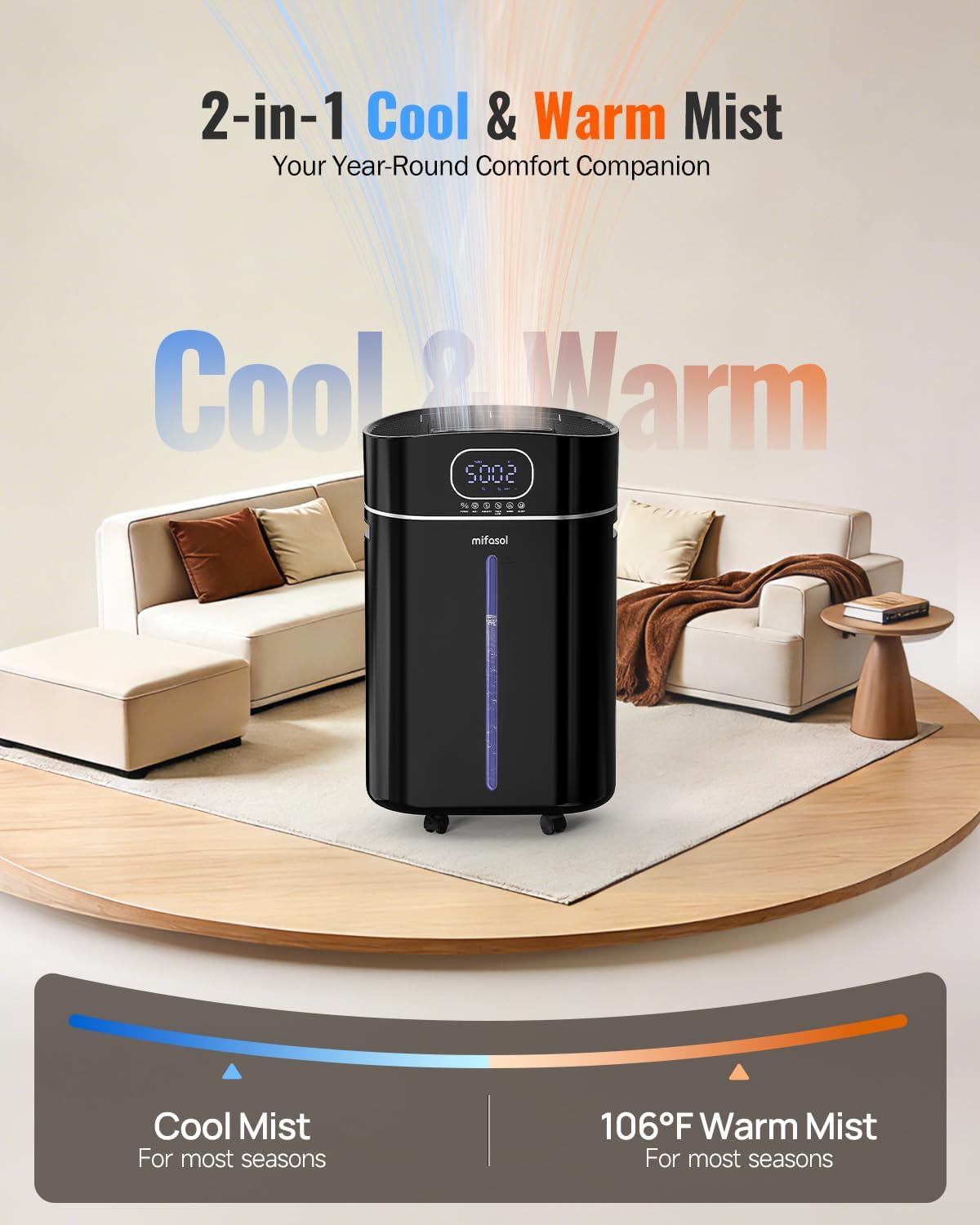 4.2gal/16l cool and warm mist humidifier large room, auto restart humidifiers for home 1500 sqft, air humidifiers for bedroom with diffuser & flame light, whole house humidifiers for baby plant, black