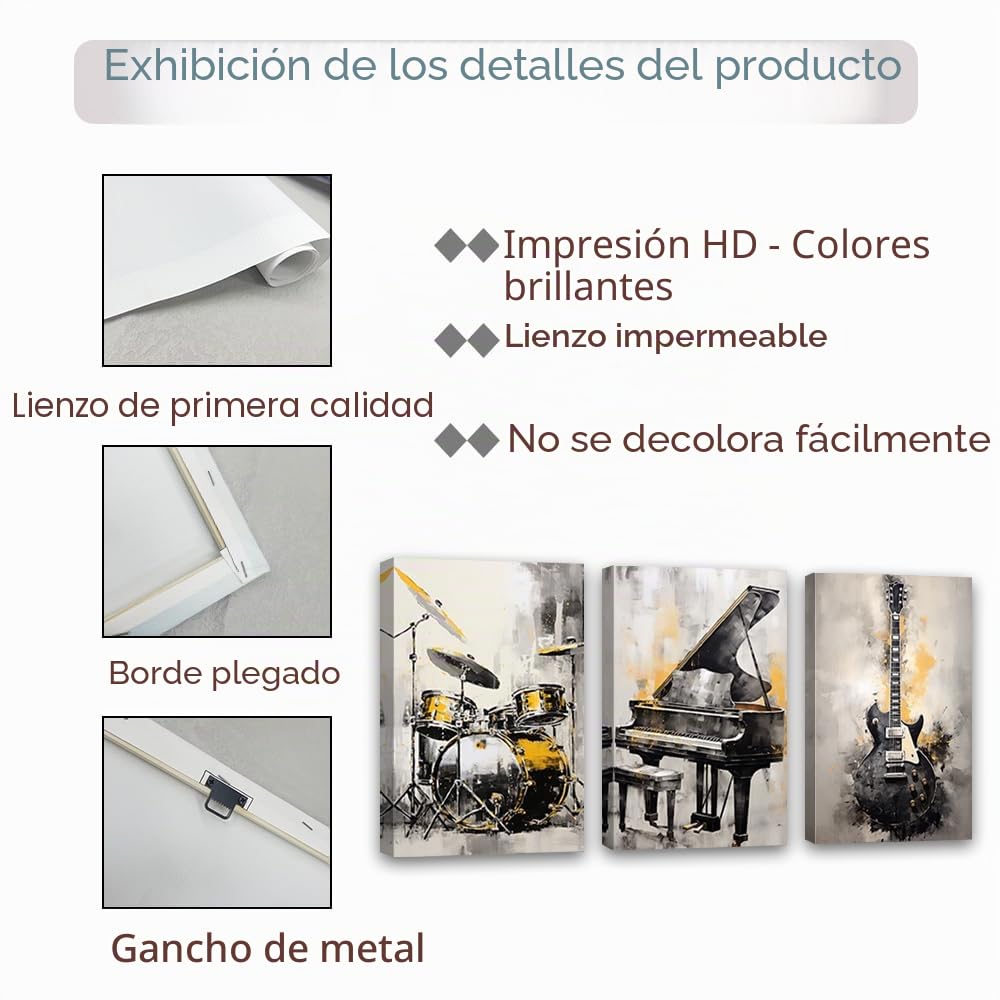 ZQQART 3 piezas de instrumentos musicales abstractos, arte de pared, piano, guitarra, batería, impresiones de pintura, impresiones temáticas musicales, obras de arte, marco de decoración de tienda de