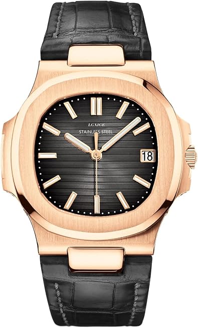 LGXIGE Luxury Elegant Watch for Men Black Leather Strap Analog Black Patek Style